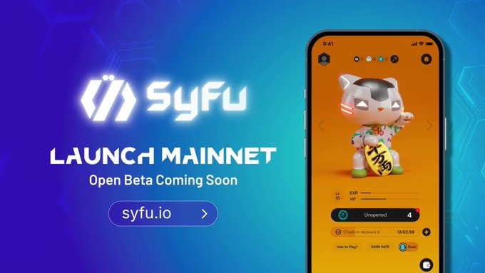 A promotional graphic for 'SyFu' advertising 'LAUNCH MAINNET Open Beta Coming Soon' at syfu.io, featuring a phone screen with a cartoon cat character.
