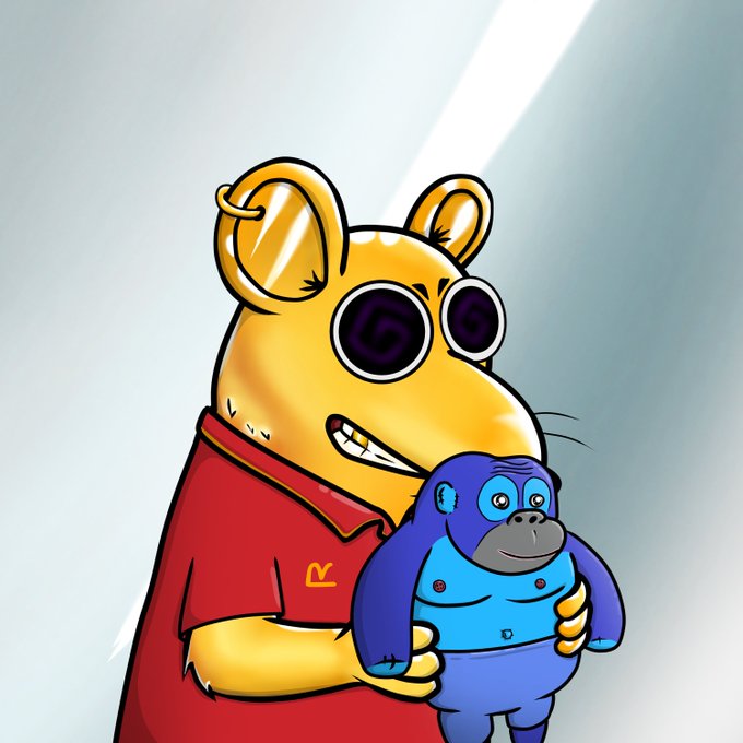 A cartoon illustration of a yellow mouse-like character with swirling hypnotic eyes wearing a red shirt, hugging a blue stuffed monkey toy.