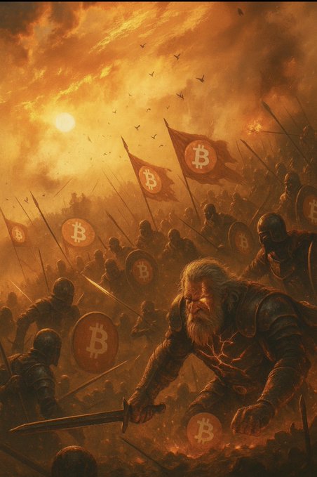 A dramatic digital painting depicts a vast army of warriors wielding shields and flags emblazoned with the Bitcoin symbol, led by a bearded warrior holding a sword under a fiery orange sky.