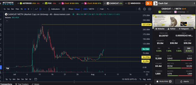 A DexScreener chart for $CASHCAT / WETH on Uniswap showing a price of 0.08797, a market cap of $96.9M, and a 24H change of +41.82%, with the price spiking to 227.010M before consolidating.