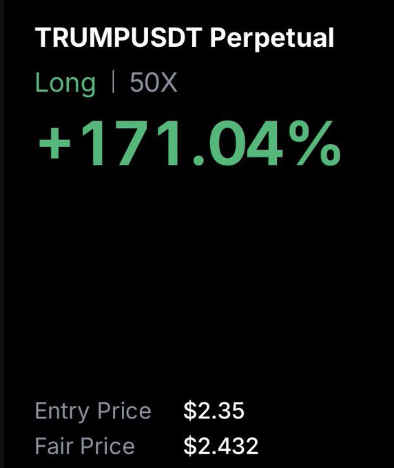 Trading position details for TRUMPUSDT Perpetual showing a Long position with 50X leverage and a gain of +171.04%, with an entry price of $2.35 and a fair price of $2.432.