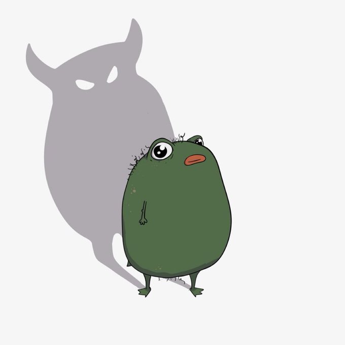 A cartoon illustration of a small, round green toad with large eyes standing in front of a gray shadow shaped like a horned devil on a light background.