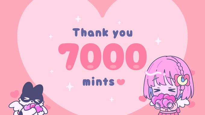 A pink-themed celebratory graphic displays "Thank you 7000 mints ♡" with a cute pink-haired anime girl and a small cat character, marking a milestone that connects to the post's excitement about Dropchan's upcoming minting moment.