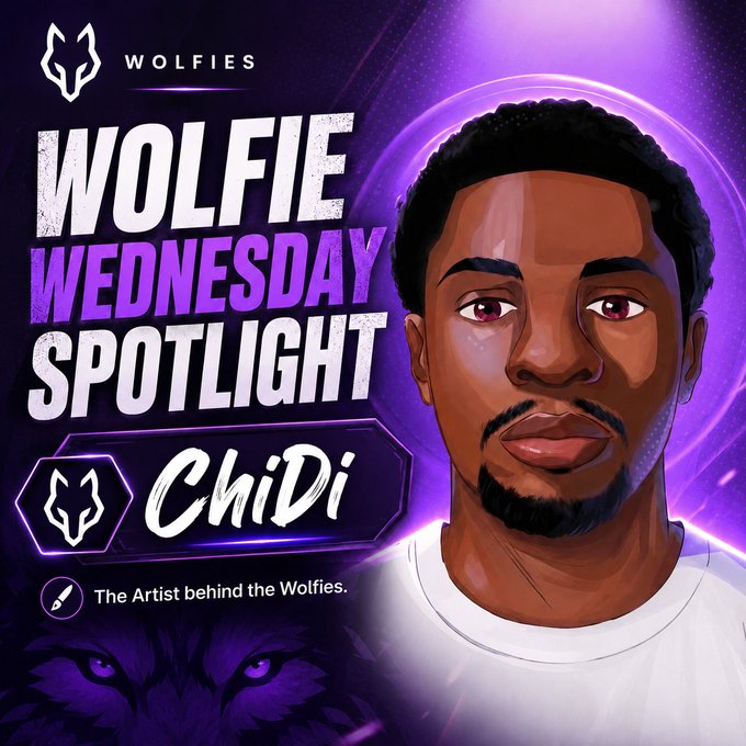 A promotional 'WOLFIE WEDNESDAY SPOTLIGHT' graphic featuring an illustrated portrait of an artist named 'ChiDi' (described as 'The Artist behind the Wolfies') against a purple background with a wolf logo.