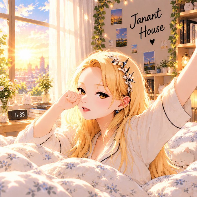 An anime-style illustration of a blonde girl with a flower crown rubbing her eye while sitting up in bed in a sunlit room, with 'Janant House' written on the wall.