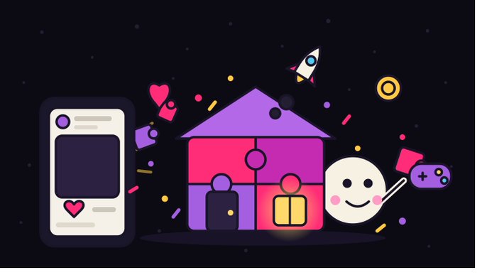 The image is a vibrant promotional illustration for Hup's mini apps, featuring a stylized smartphone on the left, a glowing pink and purple house-shaped structure in the center, a smiling game controller character, a rocket, and floating hearts, dice, and coins against a black background. These elements visually represent the playful, social, and gamified nature of mini apps that run directly within posts on the Hup feed, enabling seamless activities like minting, gaming, and trading without leaving the platform.