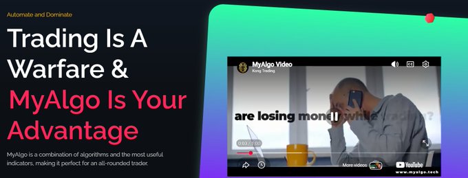 A promotional graphic for MyAlgo features bold text reading "Trading Is A Warfare & MyAlgo Is Your Advantage" alongside a video thumbnail showing a frustrated man holding his phone with the caption "are losing money while trading?"—visually reinforcing the post's message that most traders lose from repeated small mistakes, while MyAlgo offers the systematic edge needed to combat emotional and unstructured trading.