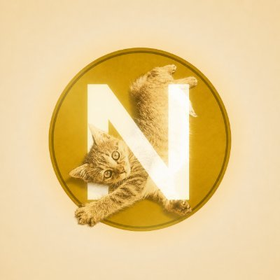 A stylized golden logo featuring a large 'N' surrounded by a circular ring, with two tabby cats playfully climbing on and around the letter.