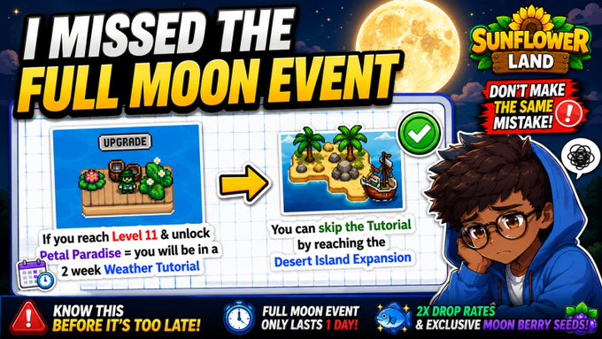 A YouTube thumbnail titled 'I MISSED THE FULL MOON EVENT' for the game 'SUNFLOWER LAND', warning viewers not to make the same mistake, showing gameplay tips about reaching Level 11 and the Desert Island Expansion.
