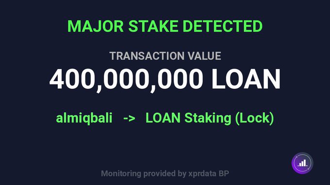 The image shows a close-up of a block containing text that includes two numbers separated by a period, such as "400,000,000". This text is associated with a larger image showing a dark blue background. The image also displays some text stating that "Massive stake detected Token: #LOAN amount: 400,000,000". There is another set of numbers next to the initial numbers on this image, which are displayed in a smaller font size than the first ones and appear to be part of a different sentence.