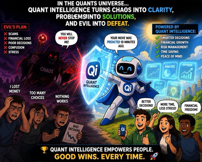 A promotional graphic titled 'IN THE QUANTS UNIVERSE' depicting a superhero robot labeled 'Qi' and 'QUANT INTELLIGENCE' defeating a hooded villain labeled 'CHAOS,' with lists contrasting 'EVIL'S PLAN' (Scams, Financial Loss, Poor Decisions, Confusion, Stress) against being 'POWERED BY QUANT INTELLIGENCE' (Smarter Decisions, Financial Growth, Risk Management, Time Saving, Peace of Mind), ending with 'GOOD WINS. EVERY TIME.'
