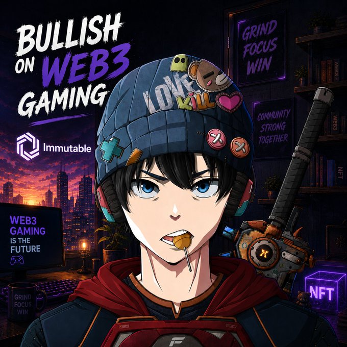 An anime-style promotional graphic reading "BULLISH ON WEB3 GAMING" by "Immutable," featuring a character with a beanie and sword, alongside various gaming and Web3-themed text and icons.