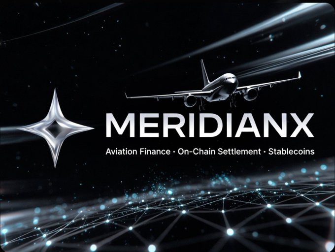 Promotional graphic for 'MERIDIANX' featuring an airplane against a starry background, with text 'Aviation Finance · On-Chain Settlement · Stablecoins' and a network/node graphic below.