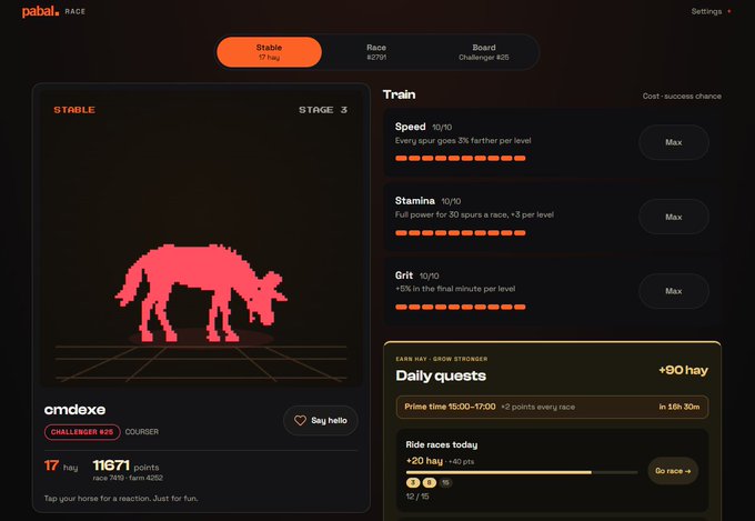 A screenshot of the Pal.ai race-training app showing a horse pixel art on 'STABLE' Stage 3, with stats for Speed, Stamina, and Grit at 10/10, and daily quests including '+90 hay' and 'Ride races today'.