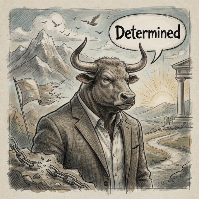 The image features a cartoon bull wearing a suit, standing against a mountain backdrop with a banner that reads "Determined". The bull appears to be holding onto a chain, symbolizing freedom or breaking free from chains. The text "Determined" is written in white above the bull's head and below its horns, reinforcing the theme of determination.

The post also mentions "freedom", "liberty", and "breakthechains", which are all related to the concept of freedom and breaking free from constraints or limitations. These words can be seen throughout the image as well, further emphasizing the idea that the bull is determined to break free from any chains holding it back.
