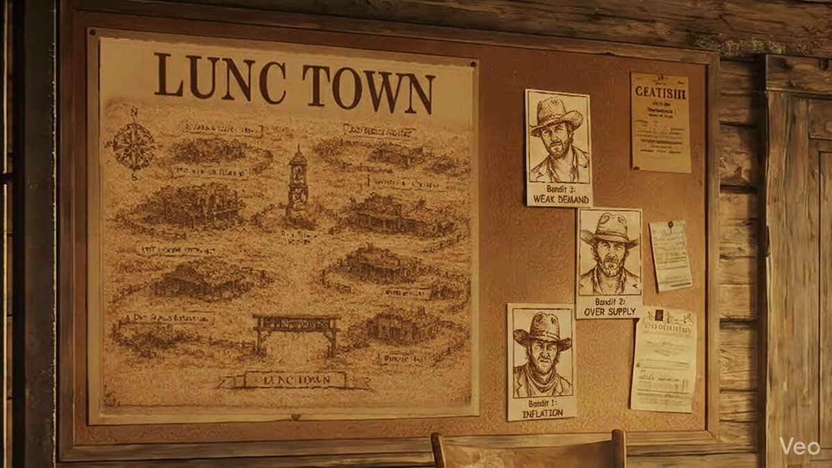 The image features a bulletin board with various papers posted on it, including a map of Lunc Town and some pictures of people. The map shows different locations within the town, while the pictures depict individuals or groups of people. The text "New LuncTown video to celebrate 9,320 Ustc being burned this week!" indicates that there is an event related to the burning of the Ustc, possibly a movie release or a significant historical moment.