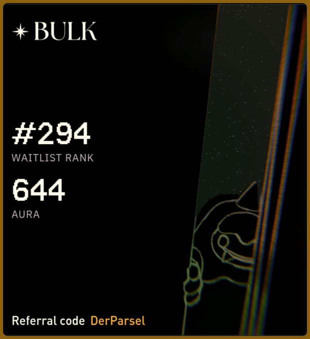 The post on Bulkshare features an abstract image of a dark background with white stars, along with text that reads "Week 1 @bulk trade" and "derParssel", and a code reference for the derParssel page in the bottom right corner. The image is surrounded by a gold border, and there are three lines of text: one on the left side of the image containing an estimate that the actual value may be around $15M or $17.86, another line of text stating "derParssel" to indicate the website name, and a third line of text that reads "we saw $20M in pre-deposits" as a reference for the quantity of money involved in this trade. The image is quite detailed with its starburst pattern and abstract design, making it an interesting post to view.