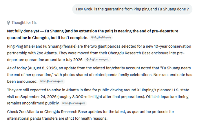 The post notes that Fu Shuang (female) is nearing the end of her pre‑departure quarantine in Chengdu as of Aug 8 2026, with no exact end date announced. Ping Ping and Fu Shuang, selected for a 10‑year conservation partnership with Zoo Atlanta, are expected to arrive in Atlanta around Sep 24 2026 after an 8,000‑mile flight, pending final quarantine clearance.