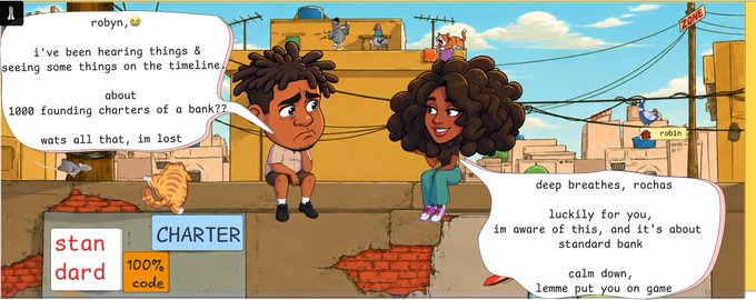 A comic-style illustration shows two characters, "Robyn" and "Rocha," sitting on a rooftop while discussing the "1000 founding charters of a bank" project, with labels "Standard," "Charter," and "100% code" displayed below, referencing a crypto/web3 timeline conversation about standard bank NFT charters.