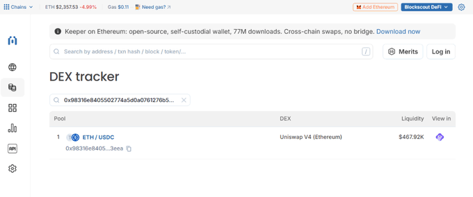 Screenshot of a DEX tracker on the Blockscout DeFi explorer showing an ETH/USDC pool on Uniswap V4 (Ethereum) with liquidity of $467.92K.