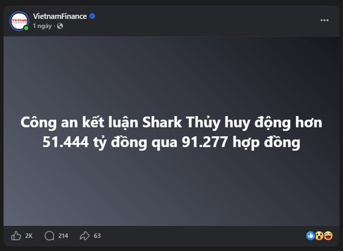 A Vietnamese social media post from "VietnamFinance" with text reading "Cộng an kết luận Shark Thủy huy động hơn 51.444 tỷ đồng qua 91.277 hợp đồng".