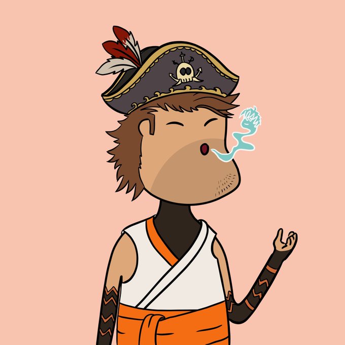A cartoon illustration depicts a brown-skinned character wearing a pirate hat with a skull logo and feathers, smoking a glowing blue cigarette or joint, with zigzag patterns tattooed on their arm, against a peach background.