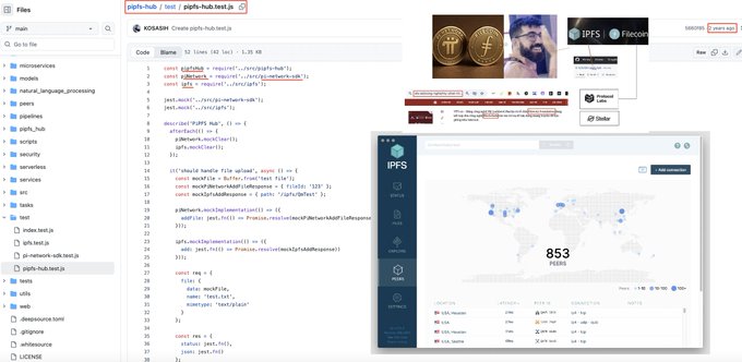 A screenshot of the GitHub repository 'pipfs-hub' showing a Python file `pipfs-hub.test.js` with code alongside a preview of the IPFS application interface displaying a world map and statistics for 853 peers.