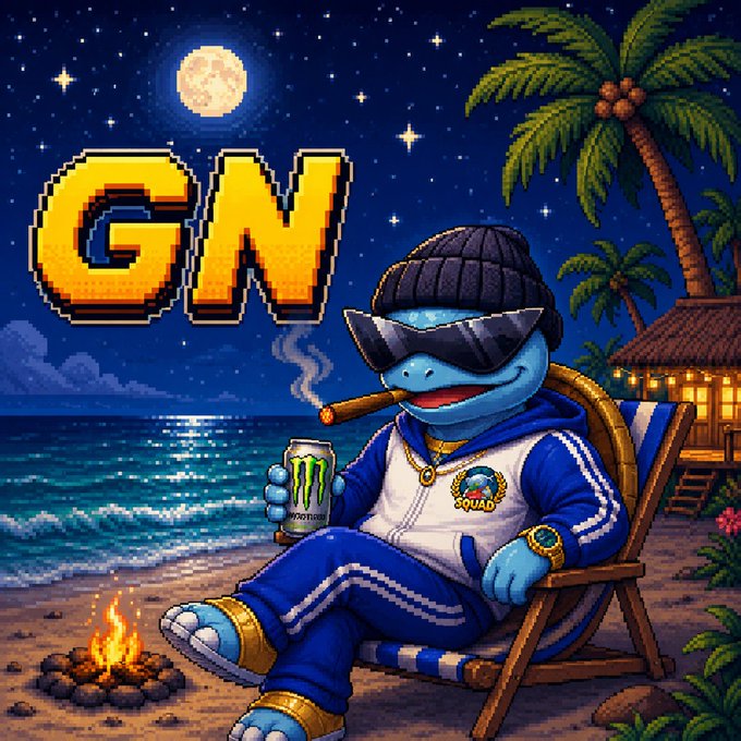 A pixel art illustration of a blue character wearing sunglasses, a beanie, and a blue tracksuit, sitting in a beach chair by a fire while smoking a cigar and holding a Monster energy drink, with large yellow 'GN' text in the night sky.