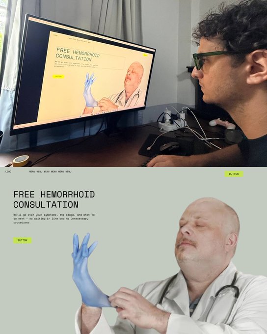 A man looks at a computer monitor displaying a webpage for a 'FREE HEMORRHOID CONSULTATION', with the same webpage shown below featuring an image of a doctor putting on a blue glove.