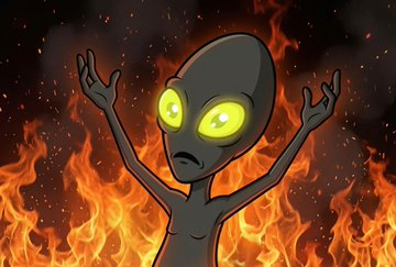 A digital drawing of a grey alien with glowing yellow eyes and raised arms, set against a background of intense orange flames.