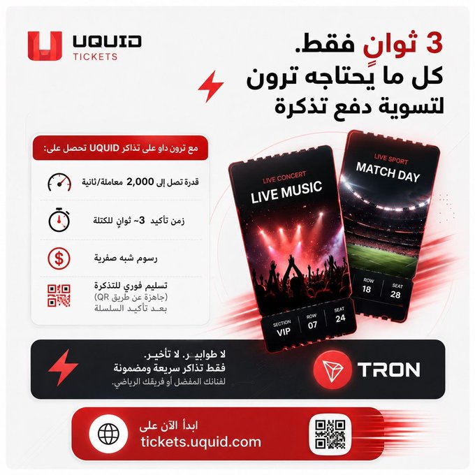An advertisement in Arabic for UQUID Tickets featuring digital tickets for live concerts and sports matches, priced at 3 TRON with a 2,000 UQUID token limit and a QR code at tickets.uquid.com.