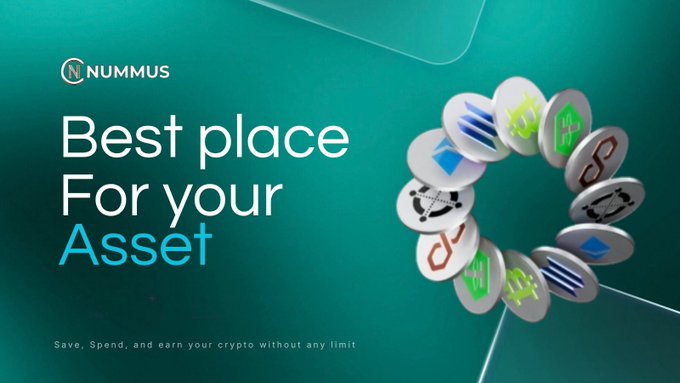 An advertisement for NUMMUS displaying the tagline 'Best place For your Asset' with the subtitle 'Save, Spend, and earn your crypto without any limit' alongside a circular arrangement of various cryptocurrency tokens.