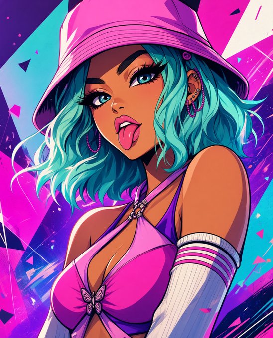 Stylized anime-style portrait of a woman with turquoise hair, a pink bucket hat, and a pink bikini top, sticking her tongue out against a vibrant pink and blue background.