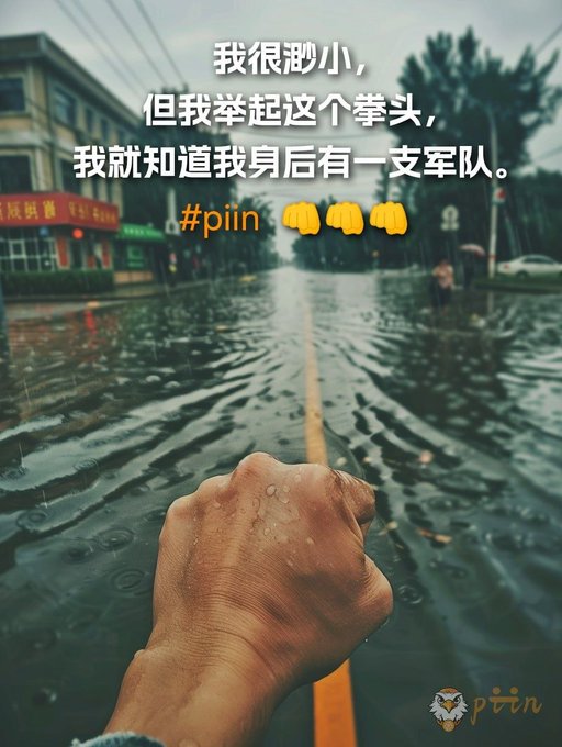An inspirational image showing a raised fist in the foreground with a flooded street behind it, accompanied by Chinese text translating to 'I am small, but I raise this fist, and I know I have an army behind me,' tagged with #piin.