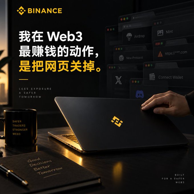 A Binance advertisement features Chinese text '我在 Web3 最赚钱的动作，是把网页关掉' (My most profitable move in Web3 is closing the webpage) along with English text 'Less exposure, a safer tomorrow,' showing a laptop, mug, and notebook on a desk.
