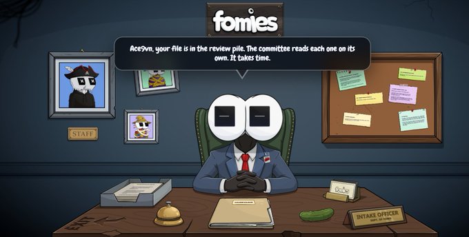 A cartoon panda character wearing a blue suit sits behind an "Intake Officer" desk at "fomes," with a speech bubble stating, "Ace9vn, your file is in the review pile. The committee reads each one on its own. It takes time."