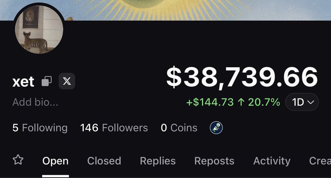 A Pump.fun profile for "xet" shows a portfolio balance of $38,739.66, up 20.7% (+$144.73) over 1D, with 5 Following, 146 Followers, and 0 Coins. The image supports the post's announcement of moving trading positions to the @pumpfun profile for sharing thesis-based calls on low market cap tokens.