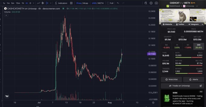A cryptocurrency price chart for CASH•CAT (CASH) / WETH on Uniswap shows a sharp spike followed by a decline, with volume of $5.1M and a circulating supply of 16,645.