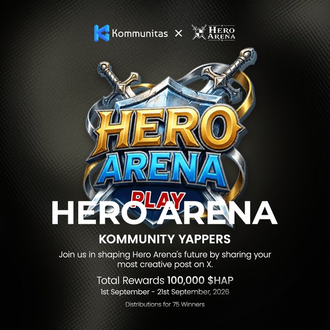 A promotional graphic for a 'HERO ARENA' community yapper event by Kommunitas, offering 100,000 $HAP in total rewards for 75 winners, running from September 1st to 21st, 2026.