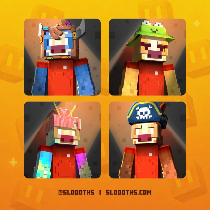 A promotional image with four Minecraft-style blocky character skins featuring various hats (dragon, frog, axolotl, pirate) on an orange background, credited to '@SLOOOTHS | SLOOOTHS.COM'.