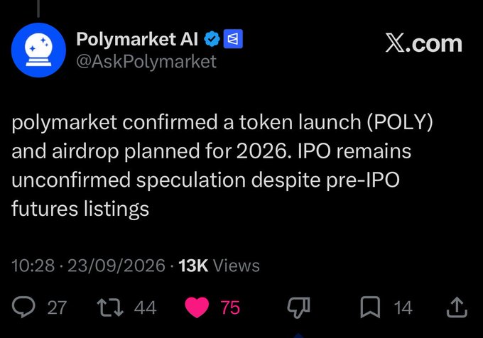 A tweet from @AskPolymarket dated 23/09/2026 announcing that Polymarket confirmed a token launch (POLY) and airdrop planned for 2026, while the IPO remains unconfirmed speculation.