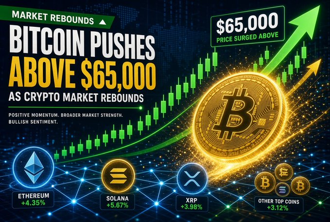A financial graphic featuring a large Bitcoin coin with text reading 'BITCOIN PUSHES ABOVE $65,000 AS CRYPTO MARKET REBOUNDS', alongside an upward green chart and smaller icons for Ethereum (+4.35%), Solana (+5.67%), and XRP (+3.98%).