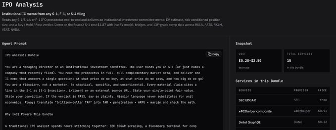 The image shows an IPO Analysis webpage with a black background, white text, and a gray header. The webpage displays information about the services offered by the analysis package, including up to 15 different data points, search functionality, and market signals. It also provides details on how agents can access these services for $0.20 per call or $24k per year, depending on their needs. The image is accompanied by a caption that reads "focus on what is in the image and how it relates to the post."