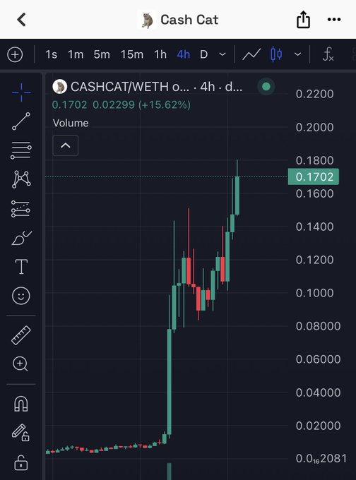 A TradingView chart for the token "Cash Cat" (CASHCAT/WETH) showing a 4-hour candlestick view with a dramatic upward trend, currently priced at 0.1702 (+15.62%), illustrating the new all-time high mentioned in the post following a $674,909.75 purchase.