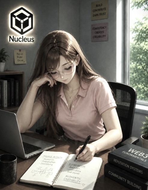 An anime-style illustration of a woman writing in a notebook about crypto topics like 'Staking Rewards,' 'Tokenomics,' and 'Authentic Credibility,' with books on 'Web3 Fundamentals' and 'Community Building' nearby, under a 'Nucleus' logo.