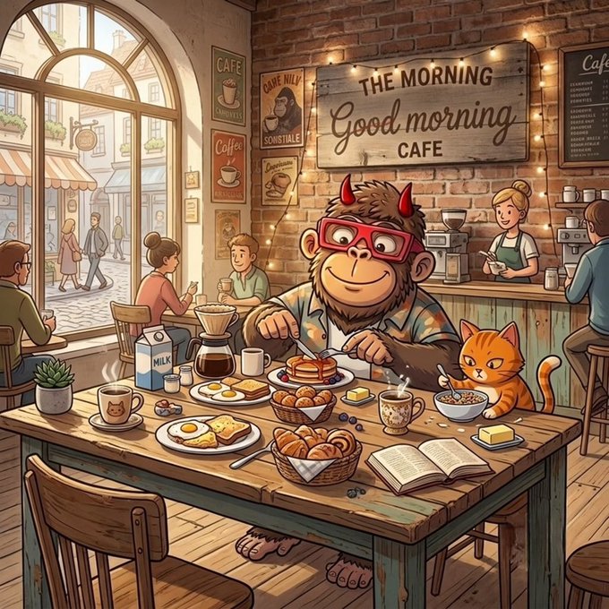 A whimsical illustration shows a horned, red-glasses-wearing gorilla and an orange cat sharing a hearty breakfast of pancakes, eggs, croissants, and coffee at a rustic café featuring a "THE MORNING Good morning CAFE" sign. The cozy morning scene with the "Good morning" café sign ties into the post's cheerful "GM everyone" greeting and its theme of starting the day productively with learning about the EthraShip project.