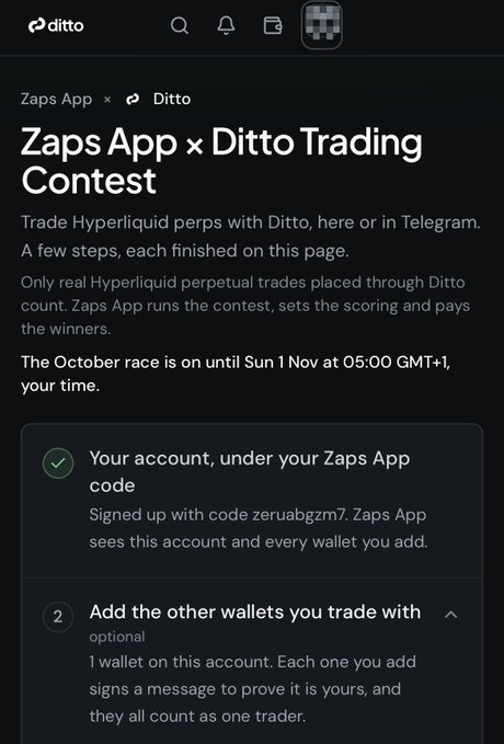 A mobile screenshot of the "Zaps App × Ditto Trading Contest" page on Ditto, explaining how to trade Hyperliquid perps and detailing the October race running until November 1st, with account verification under the code zeruabgzm7.