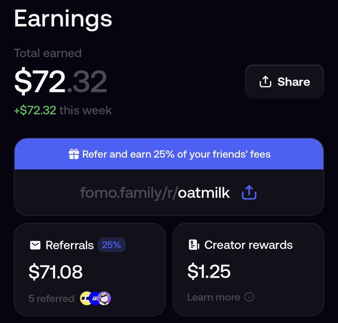 An earnings dashboard showing $72.32 total earned, including $71.08 from referrals (25%) and $1.25 in creator rewards, with a fomo.family referral link.