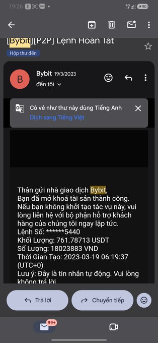 A screenshot of a Gmail notification from Bybit dated 19/3/2023, confirming a withdrawal of 761.78713 USDT (18,023,883 VND) at an exchange rate of 23,671 VND/USDT. The image documents the cash-out moment referenced in the post, showing the exact amount the user withdrew from Bybit before BTC's subsequent price increase.