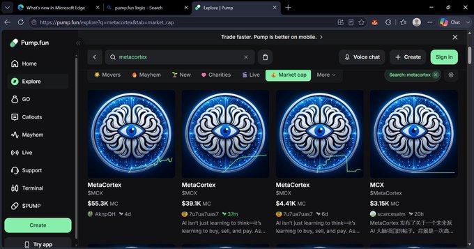 A Pump.fun explore page showing search results for 'metacortex' with multiple MetaCortex and MCX token listings featuring brain imagery, displaying market caps ranging from $3.15K to $55.3K.